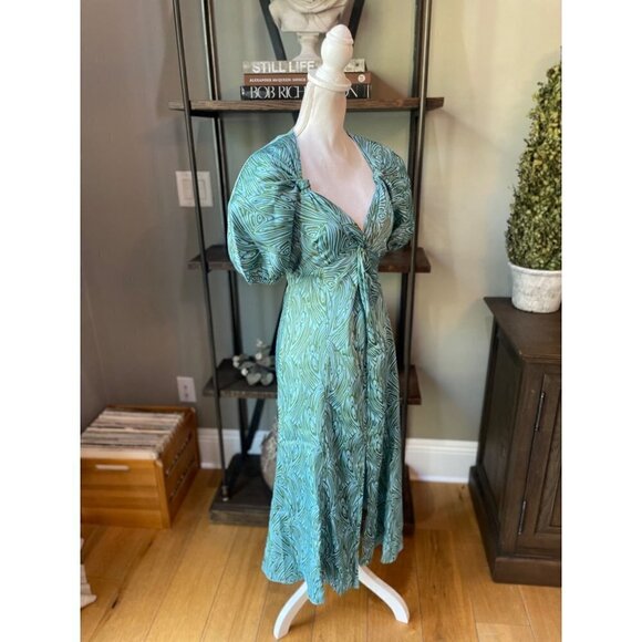 Cinq a Sept Marice Printed Satin Midi Dress Celeste Green Blue Womens 0 - Picture 8 of 12